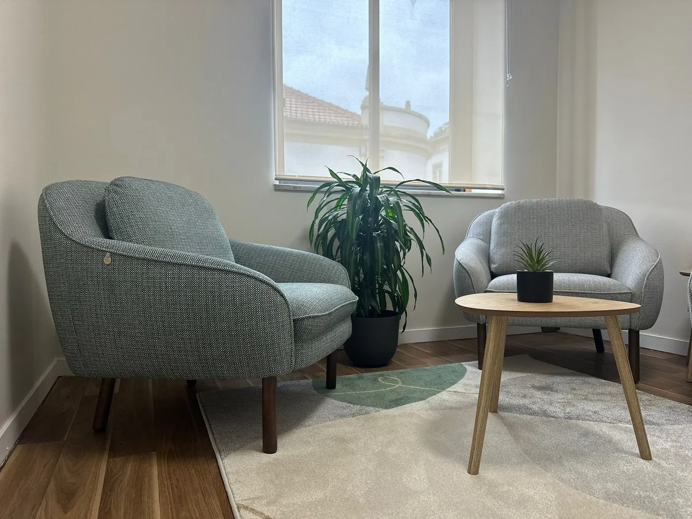 A sala de consulta do Espaço Compassivo: dois cadeirões cinzentos, mesa redonda e planta junto à janela, com luz natural